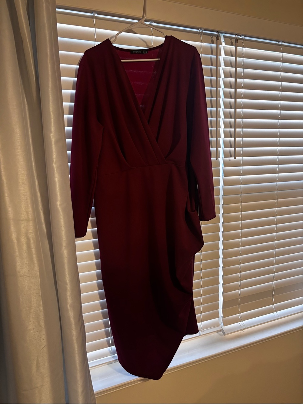 Boohoo Wine Wrap Midi Dress with Long Sleeves